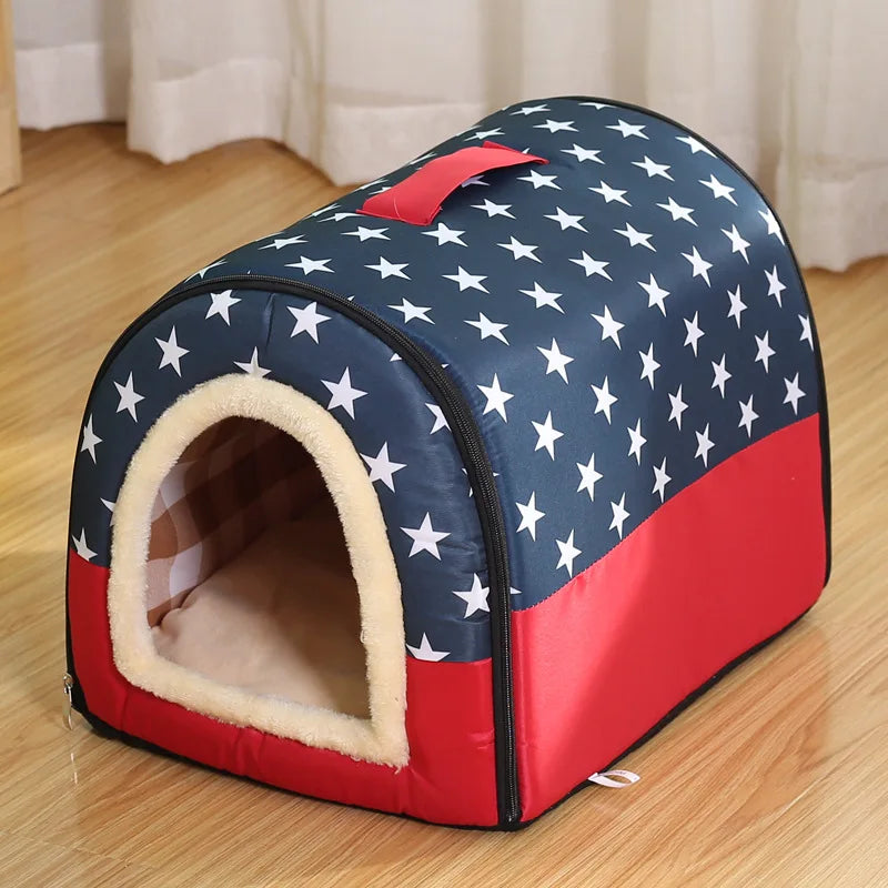 Hundehöhle mit vielen weißen Sternen auf dunkelblauen Hintergrund und roter Unterseite in Ovaler Form mit Viereckigen Boden.