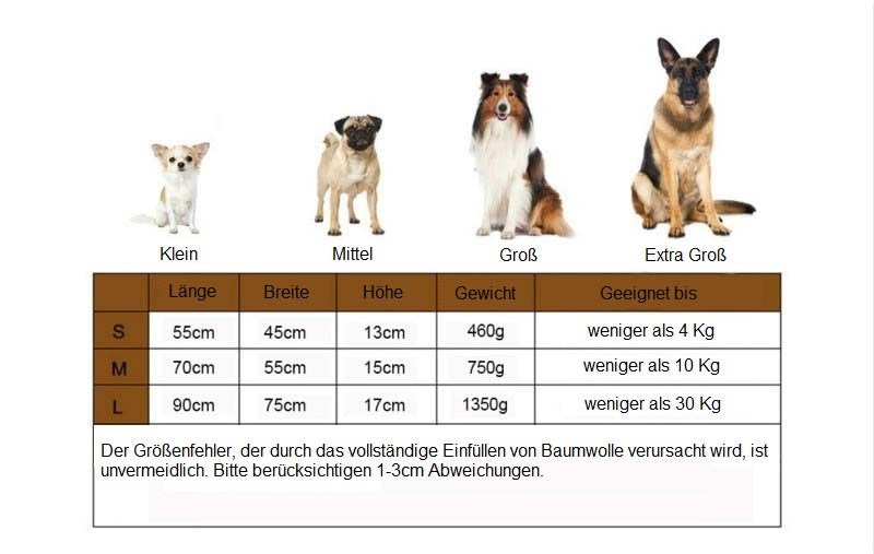 Hundebett verschiedene Größen Größentabelle in den Größen S, M und L.
